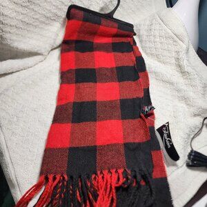 Mirabeau Fashion Buffalo Plaid Red Black Fringed Scarf 68" X 12" NWT New